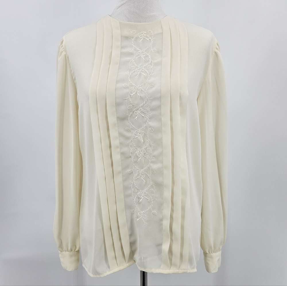 Vintage Lloyd Williams Embtoidered Bow Blouse Cream 8